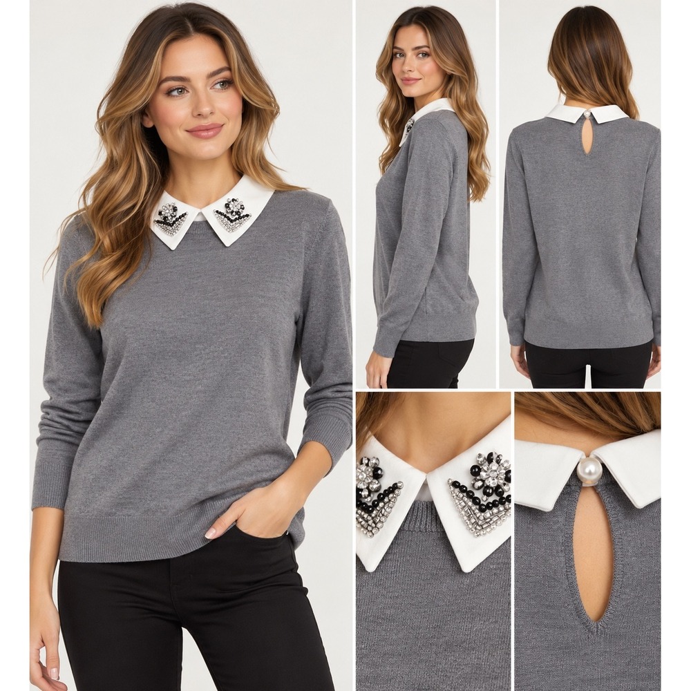 Vila Milano Gray Embellished Collar Sweater Beaded Rhinestone Preppy XL